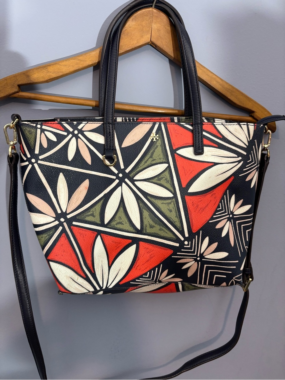 Tory Burch Black Tote with Red, Olive & Cream Floral Geometric Print